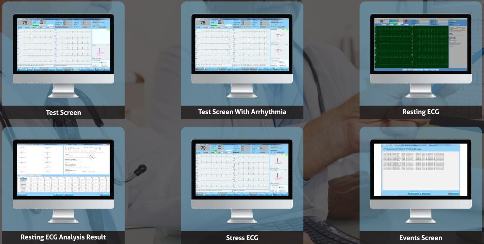 Dynatrac Neo stress test software screens showing resting ECG, stress ECG and arrhythmia events